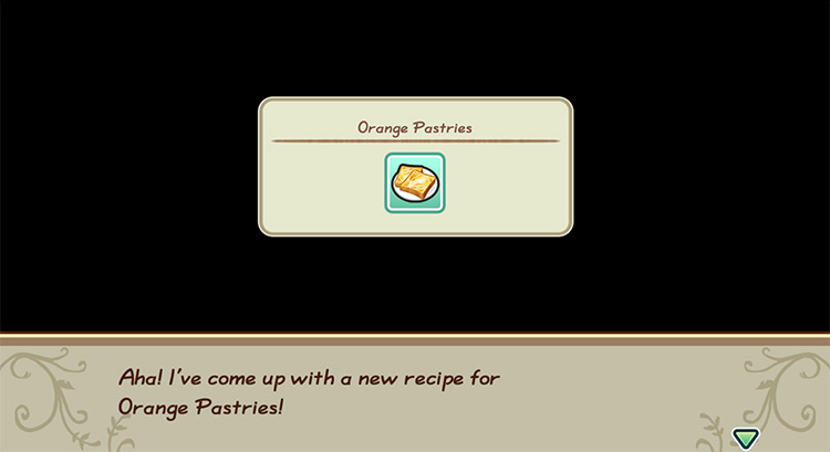 The farmer gets inspired to cook Orange Pastries while in the kitchen. / Story of Seasons: Friends of Mineral Town
