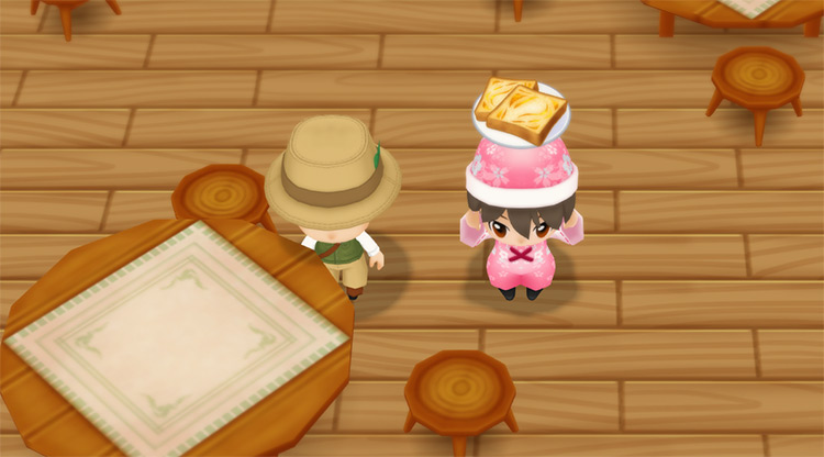 The farmer stands next to Basil while holding a plate of Orange Pastries. / Story of Seasons: Friends of Mineral Town