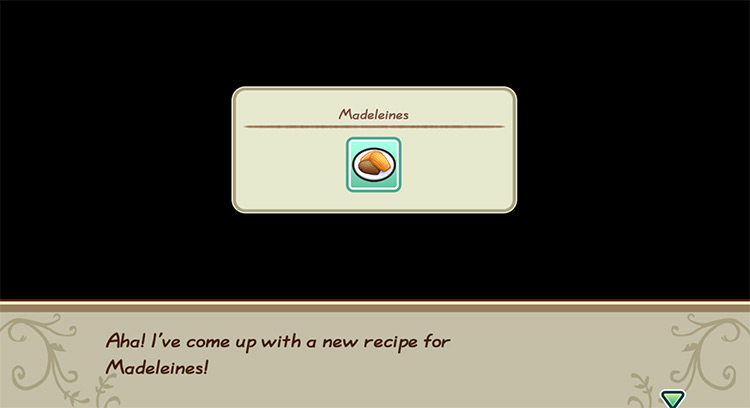 The farmer gets inspired to cook Madeleines while in the kitchen. / Story of Seasons: Friends of Mineral Town