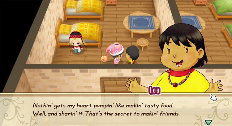 The farmer talks to Lou in her room at the Inn. / Story of Seasons: Friends of Mineral Town