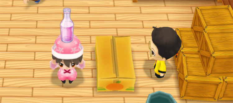 The farmer stands in front of Huang’s counter while holding a glass of Wild Grape Water. / Story of Seasons: Friends of Mineral Town