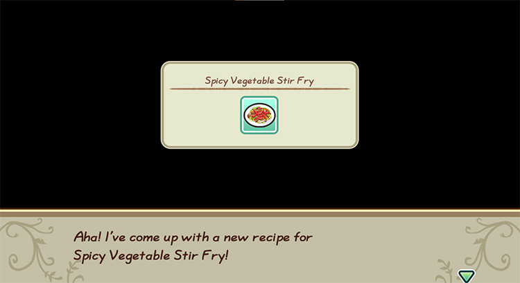 The farmer gets inspired to cook Spicy Vegetable Stir Fry while in the kitchen. / Story of Seasons: Friends of Mineral Town