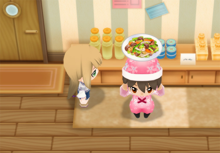 The farmer stands next to Karen while holding a plate of Spicy Vegetable Stir Fry. / Story of Seasons: Friends of Mineral Town