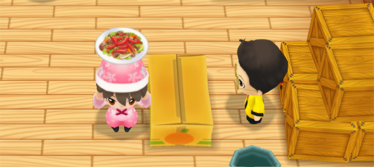 The farmer stands in front of Huang’s counter while holding a plate of Spicy Vegetable Stir Fry. / Story of Seasons: Friends of Mineral Town