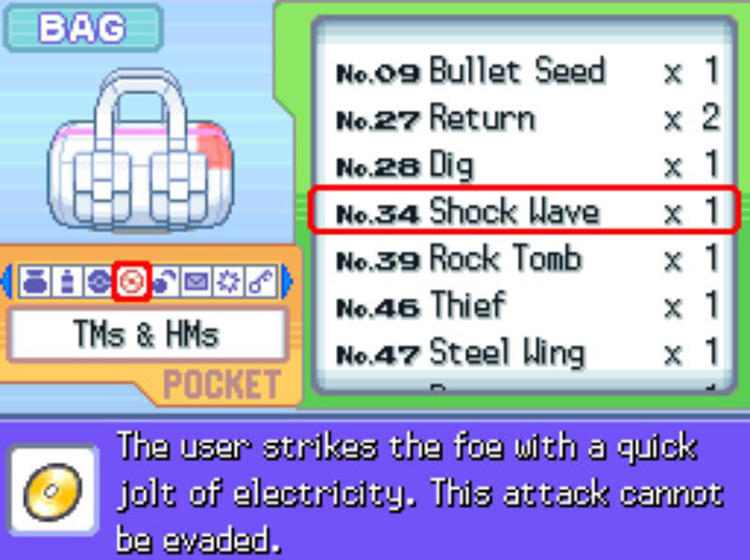 In-game description of TM34 Shock Wave. / Pokémon Platinum