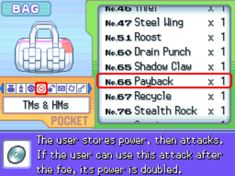 In-game description of TM66 Payback. / Pokémon Platinum