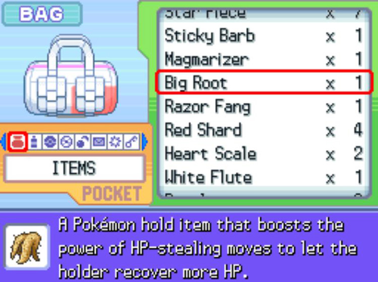 In-game description of the Big Root. / Pokémon Platinum