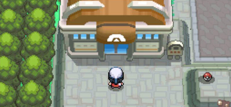 Standing outside the Veilstone Gym in Pokémon Platinum