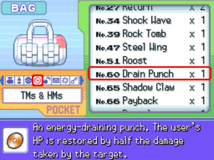 In-game description for TM60 Drain Punch / Pokémon Platinum