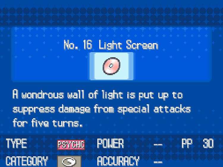 In-game details for TM16 Light Screen / Pokémon Black/White