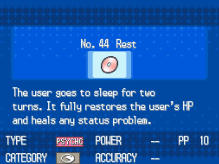 In-game details for TM44 Rest / Pokémon Black/White