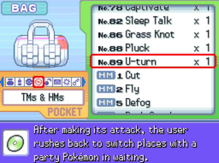 In-game description of TM89 U-Turn. / Pokémon Platinum