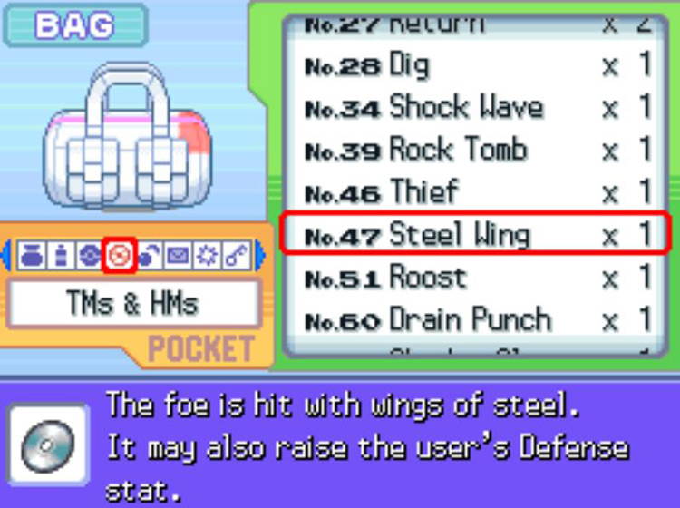 In-game description of TM47 Steel Wing. / Pokémon Platinum