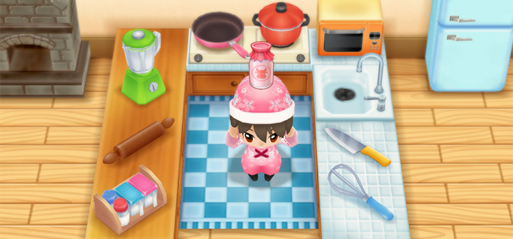 Holding a glass of Strawberry Milk (recipe) in SoS:FoMT