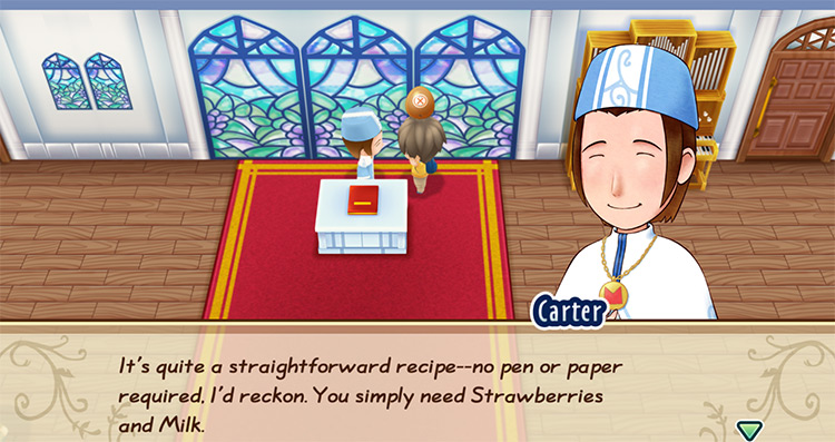 Carter offers to teach the farmer the recipe for Strawberry Milk. / Story of Seasons: Friends of Mineral Town