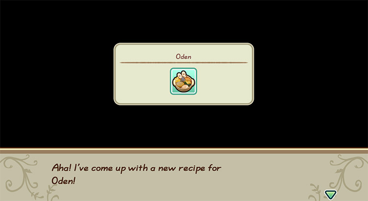 The farmer gets inspired to cook Oden while in the kitchen. / Story of Seasons: Friends of Mineral Town