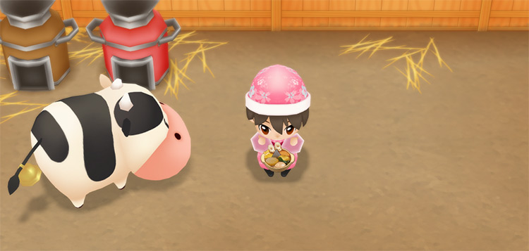 The farmer eats a bowl of Oden to restore stamina while working in the Barn. / Story of Seasons: Friends of Mineral Town
