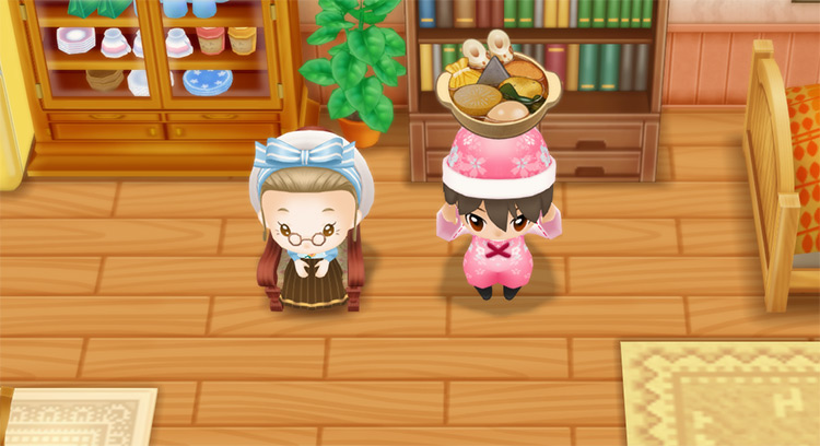 The farmer stands next to Ellen while holding a bowl of Oden. / Story of Seasons: Friends of Mineral Town