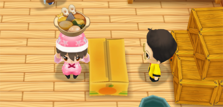 The farmer stands in front of Huang’s counter while holding a bowl of Oden. / Story of Seasons: Friends of Mineral Town