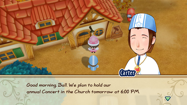 Carter invites the farmer to join the concert. / Story of Seasons: Friends of Mineral Town