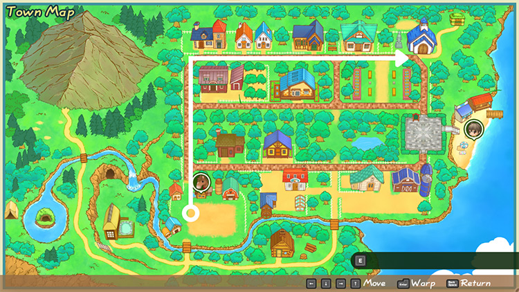 Map of Mineral Town with a white line directing you to the Church. / Story of Seasons: Friends of Mineral Town
