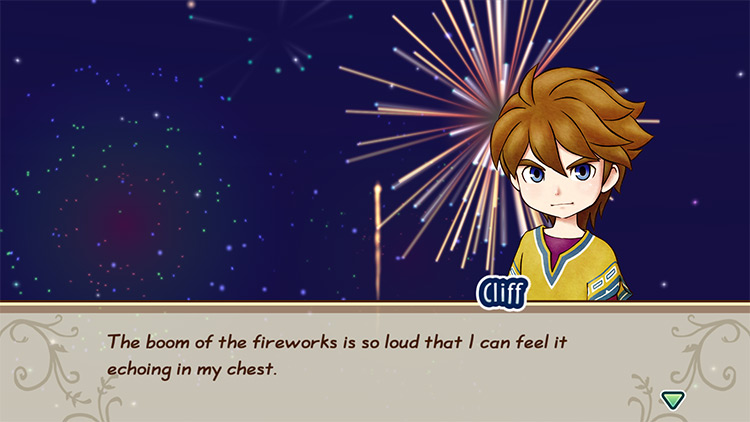 The farmer watches the fireworks show with Cliff. / Story of Seasons: Friends of Mineral Town