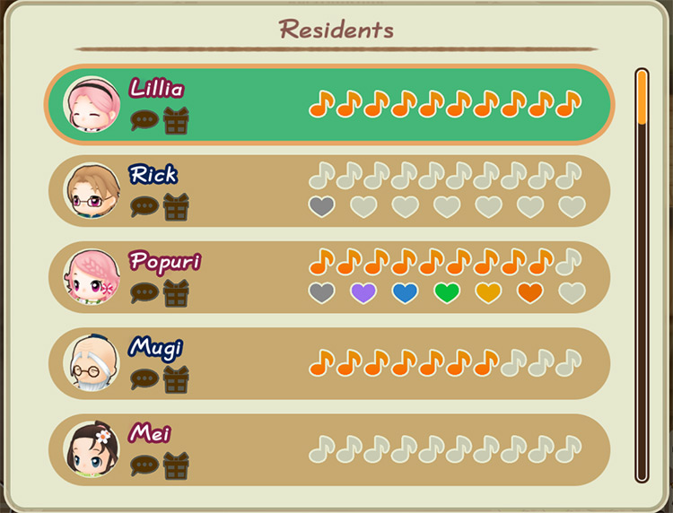 Interface of the Villagers Relationship tab showing the LP of each marriage candidate. / Story of Seasons: Friends of Mineral Town