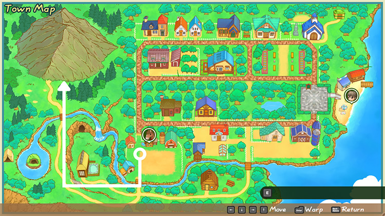 Map of Mineral Town with a white line guiding players to the Summit. / Story of Seasons: Friends of Mineral Town