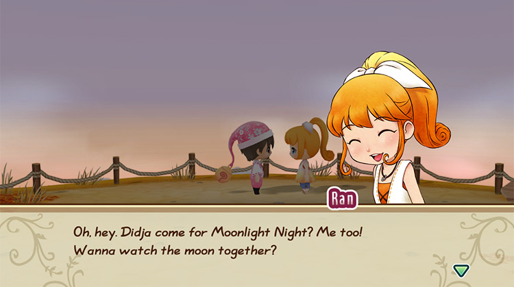 The farmer watches the Moonlight Night show with Ran. / Story of Seasons: Friends of Mineral Town
