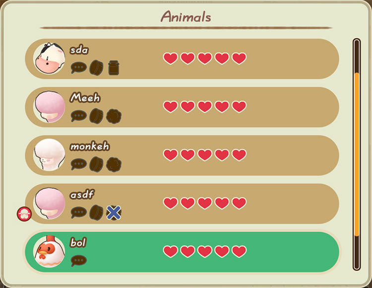 Interface of the Animal Relationships menu. / Story of Seasons: Friends of Mineral Town