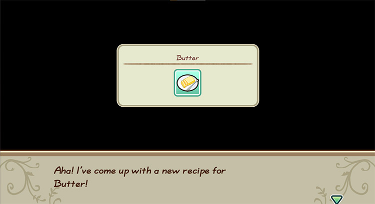 The farmer gets inspired to cook Butter while in the kitchen. / Story of Seasons: Friends of Mineral Town