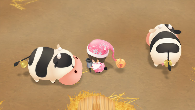 The farmer harvests Milk from cows using the Milker. / Story of Seasons: Friends of Mineral Town