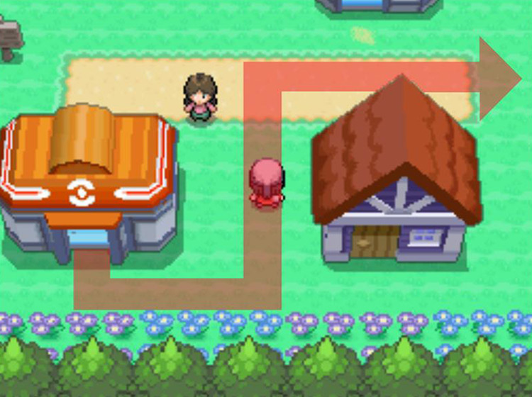 Heading east on Floaroma Town’s main road / Pokémon Platinum