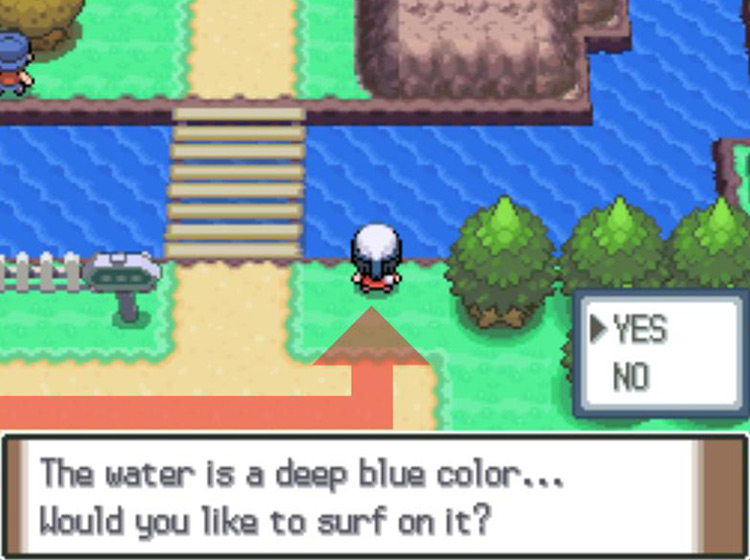 Using Surf on the river near the Valley Windworks / Pokémon Platinum