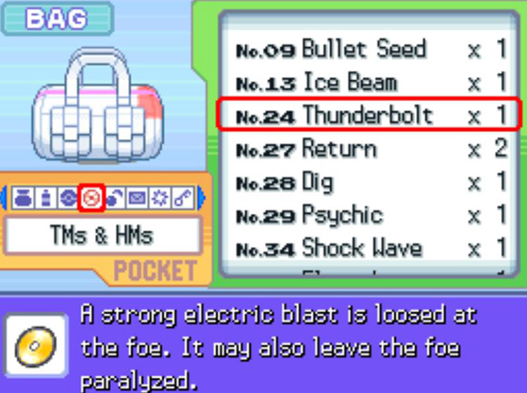 In-game description for TM24 Thunderbolt / Pokémon Platinum
