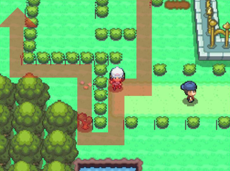 Circling around the hedge maze, using Cut on the tree / Pokémon Platinum