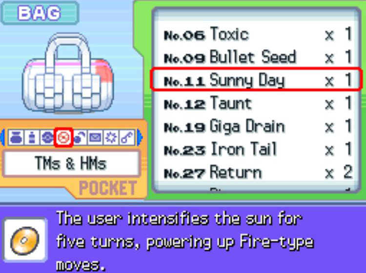 In-game description for TM11 Sunny Day / Pokémon Platinum