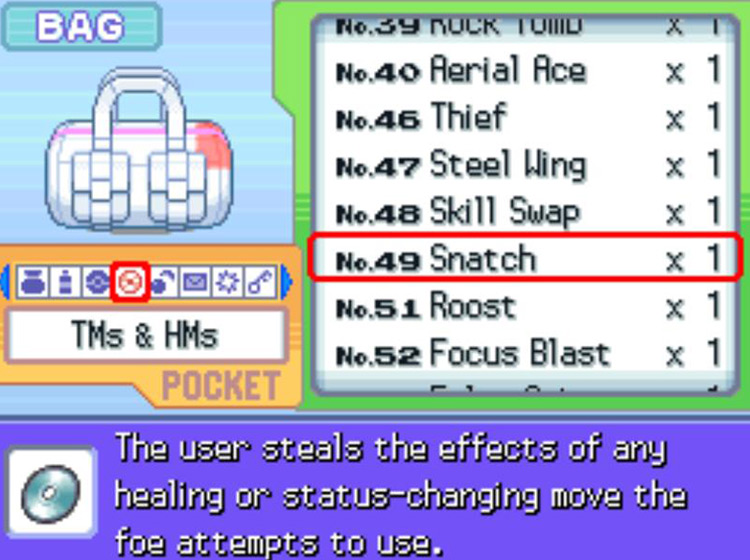 In-game description for TM49 Snatch / Pokémon Platinum