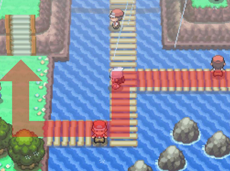 Turning south at the bridge’s split, then circling around to ascend the staircase / Pokémon Platinum