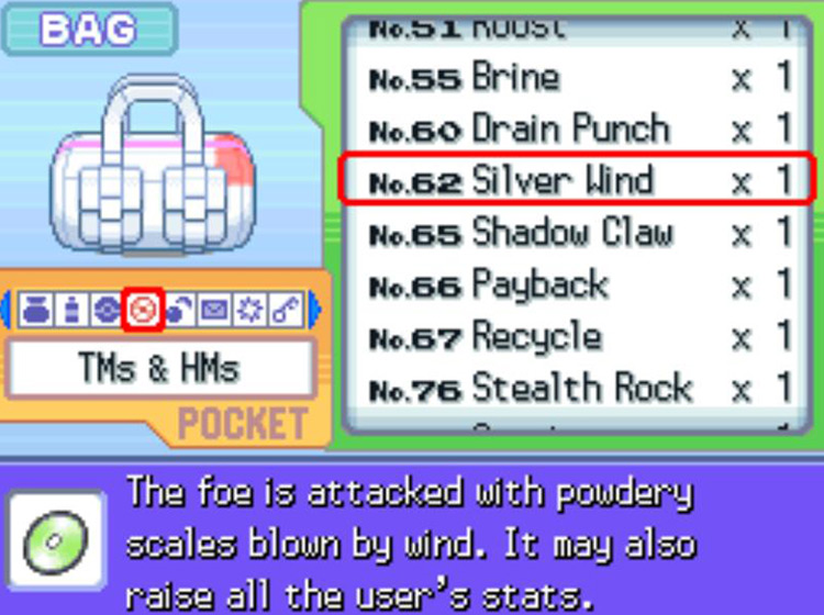 In-game description for TM62 Silver Wind / Pokémon Platinum