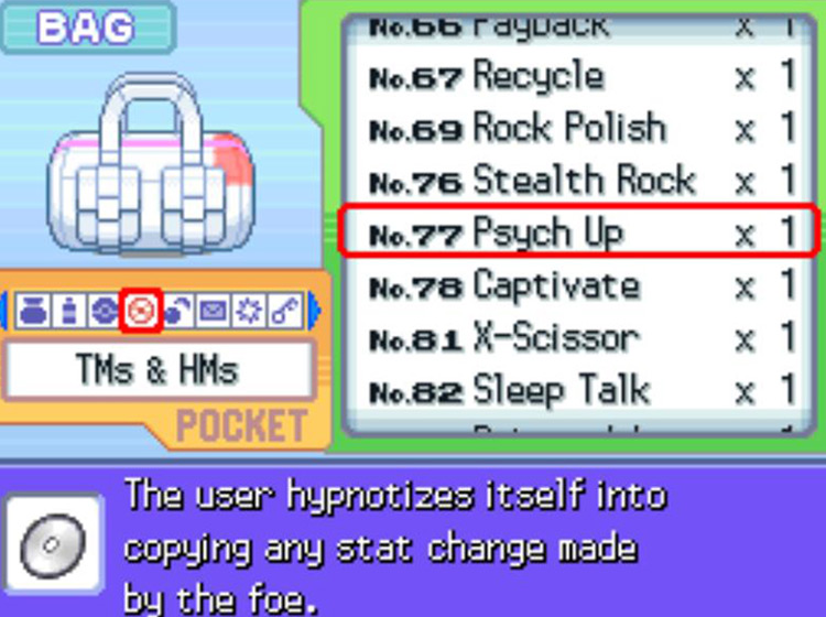 In-game description of TM77 Psych Up / Pokémon Platinum
