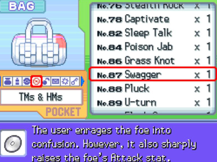 In-game description for TM87 Swagger / Pokémon Platinum