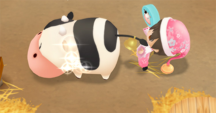 The farmer uses the Breeding Kit on a cow. / Story of Seasons: Friends of Mineral Town