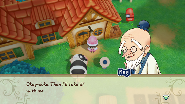 The farmer enters a cow into the Moo-Moo Festival. / Story of Seasons: Friends of Mineral Town
