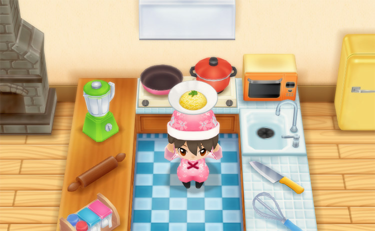 The farmer makes Cheese Risotto in the kitchen. / Story of Seasons: Friends of Mineral Town