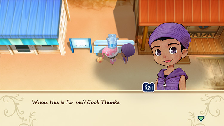 The farmer gives Kai a bottle of P Milk. / Story of Seasons: Friends of Mineral Town