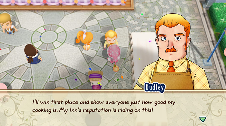 The farmer talks to Dudley at the Cooking Exhibition. / Story of Seasons: Friends of Mineral Town