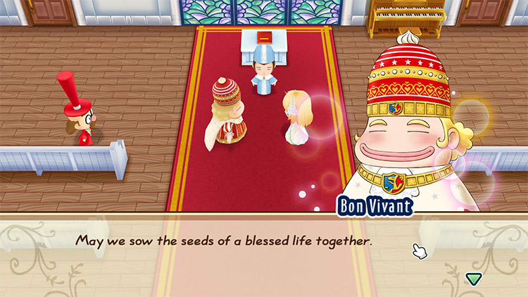 The player marries Bon Vivant in the chapel. / Story of Seasons: Friends of Mineral Town