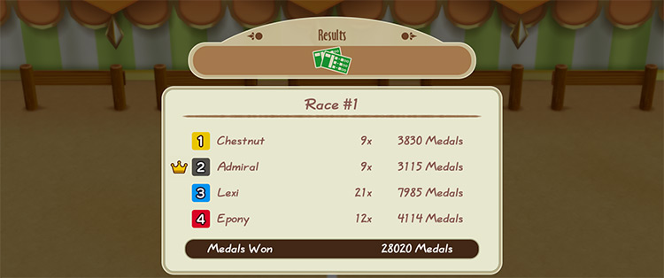 Results of the horse race and payout after betting. / Story of Seasons: Friends of Mineral Town