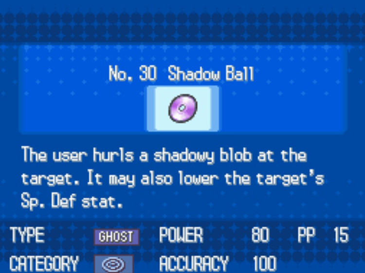 In-game details for TM30 Shadow Ball / Pokémon Black/White